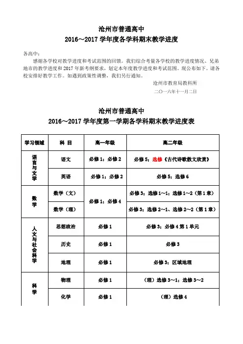 2016-2017学年第一、二学期期末考试范围(高一、高二)