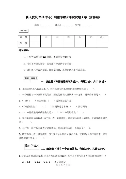 新人教版2019年小升初数学综合考试试题A卷 (含答案)