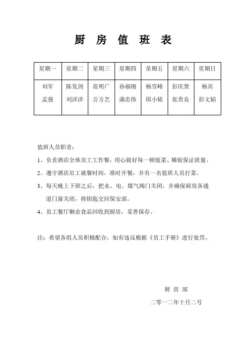 厨  房  值  班  表