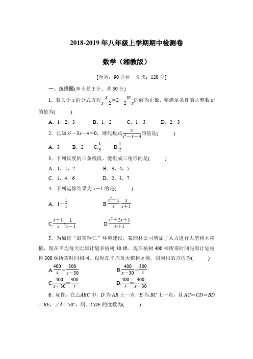 2018-2019年八年级上学期期中检测卷 数学(湘教版) 含答案
