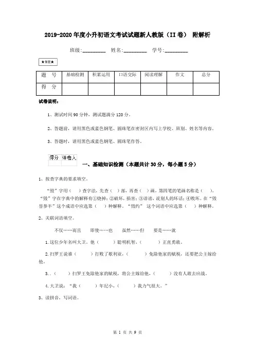 2019-2020年度小升初语文考试试题新人教版(II卷) 附解析