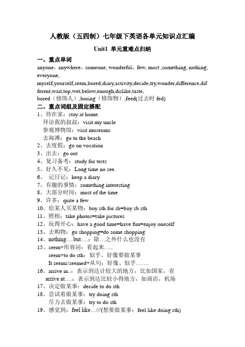 人教版(五四制)七年级下英语各单元重难点归纳