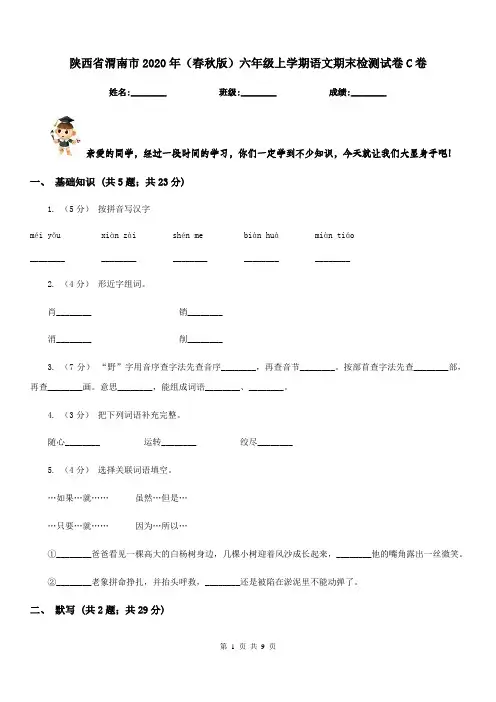 陕西省渭南市2020年(春秋版)六年级上学期语文期末检测试卷C卷