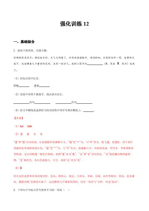 强化训练12(教师版)新九年级语文暑假衔接讲义