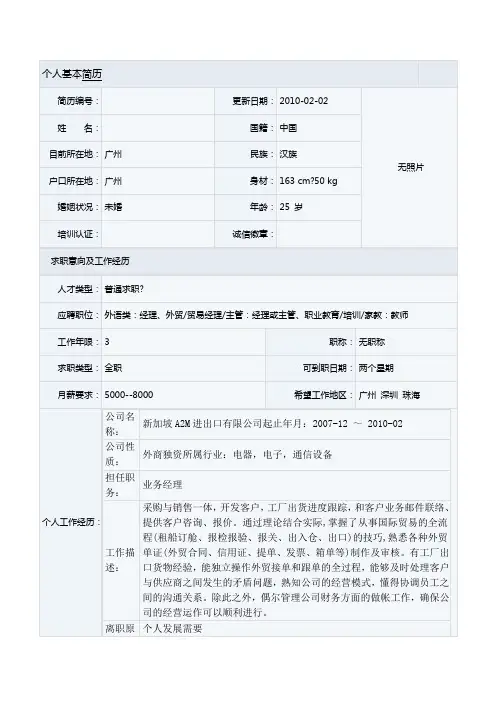 贸易经理空白个人简历
