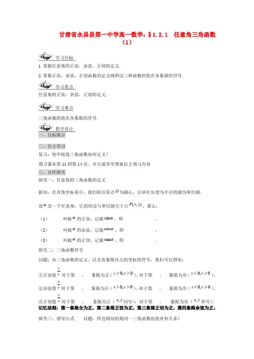 甘肃省永昌县第一中学高一数学 §1.2.1 任意角三角函数(1)学案