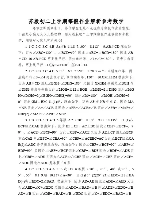 苏版初二上学期寒假作业解析参考数学