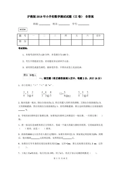 沪教版2019年小升初数学测试试题(II卷) 含答案