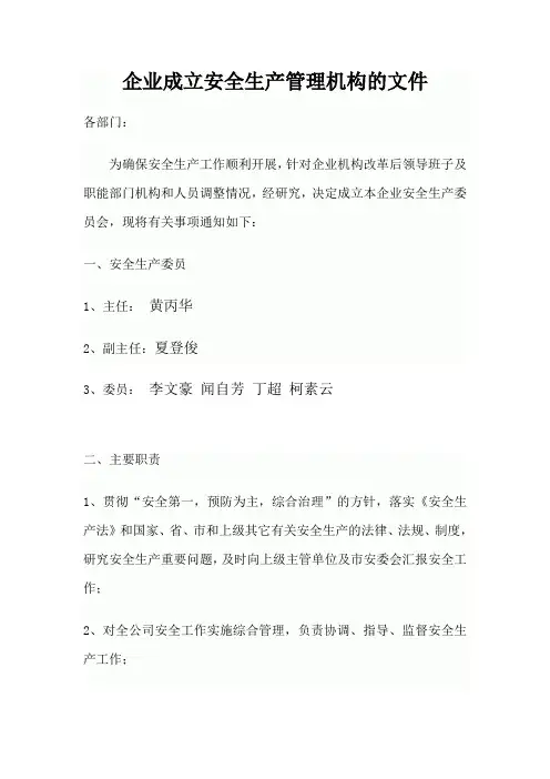 成立安全生产管理机构文件