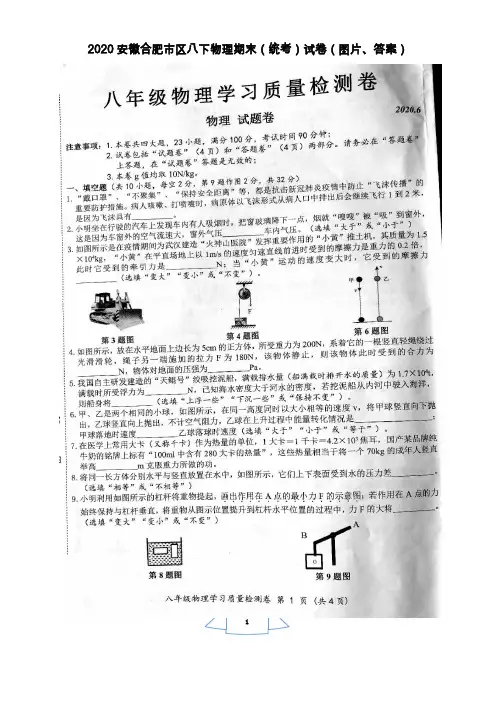 2019-2020安徽合肥市瑶海区八下物理期末(统考)试卷(图片、答案)