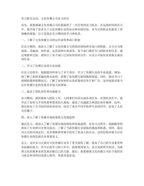 文化传媒公司实习报告总结