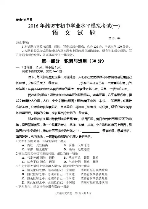 2016年山东省潍坊市奎文区中考一模九年级一模语文试题