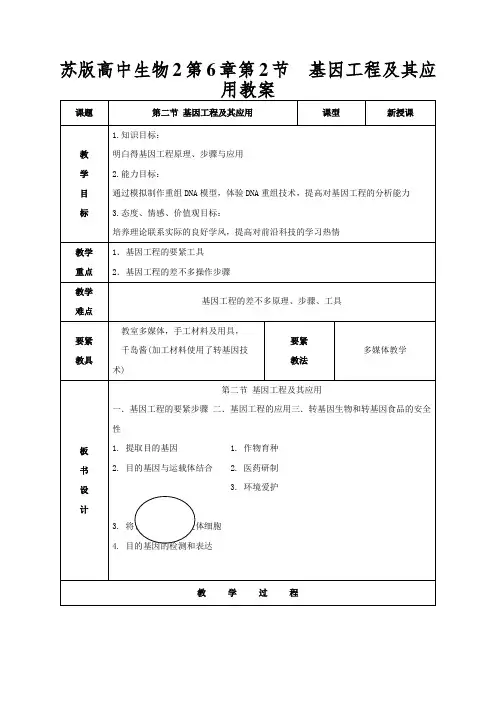 苏版高中生物2第6章第2节基因工程及其应用教案