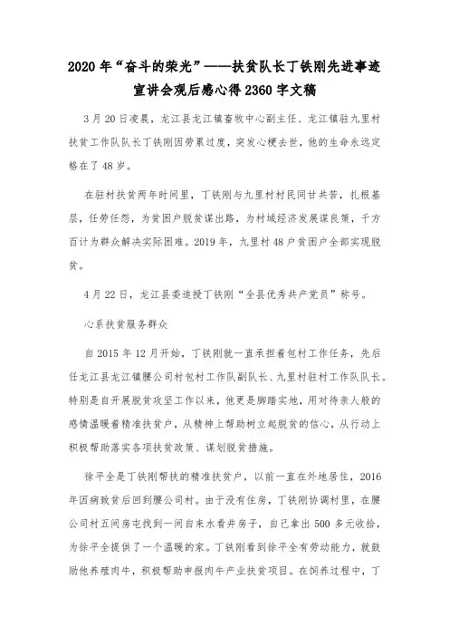 2020年“奋斗的荣光”——扶贫队长丁铁刚先进事迹宣讲会观后感心得2360字文稿