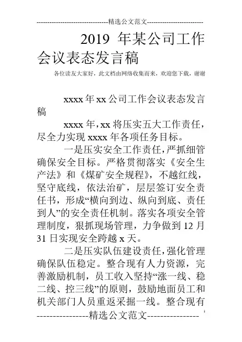 2019年某公司工作会议表态发言稿