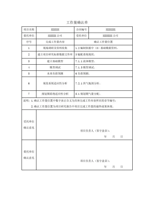 项目工作量确认单模板