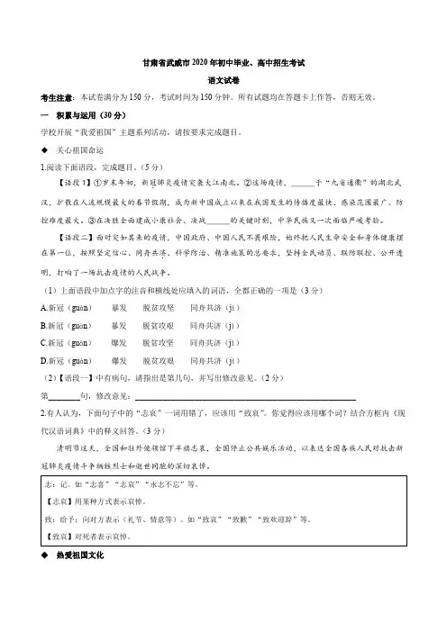 2020年甘肃省武威市中考语文试卷及参考答案
