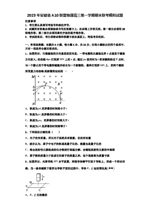 2023年安徽省A10联盟物理高三第一学期期末联考模拟试题含解析