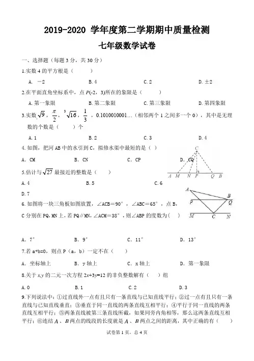 2020年武汉市江岸区七年级下期中检测数学试题