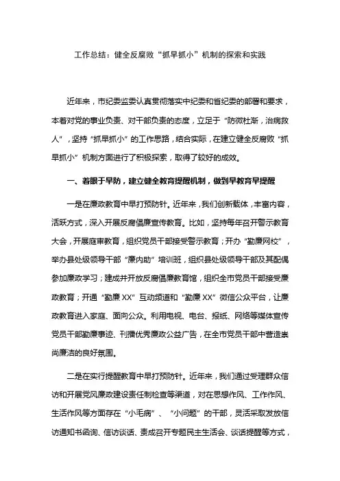 工作总结：健全反腐败“抓早抓小”机制的探索和实践