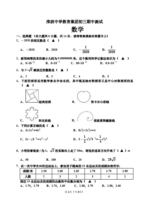 江苏省淮阴中学教育集团2019-2020学年度第二学期九年级期中测试数学试卷(PDF版无答案)