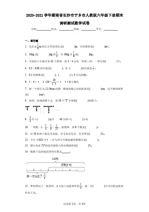 2020-2021学年湖南省长沙市宁乡市人教版六年级下册期末调研测试数学试卷(含答案解析)