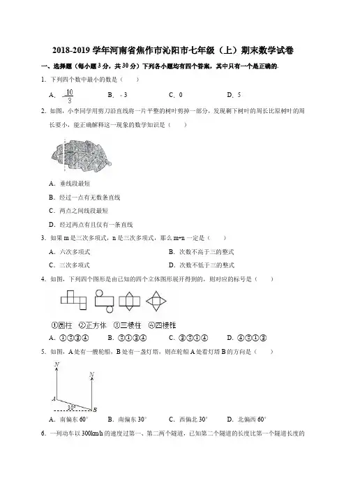2018-2019学年河南省焦作市沁阳市七年级(上)期末数学试卷(解析版)