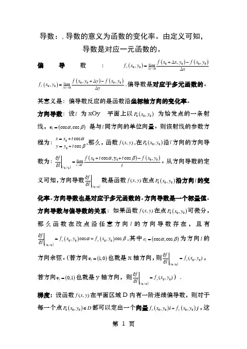 导数偏导数方向导数梯度及其关系