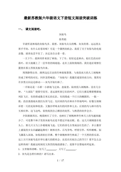 最新苏教版六年级语文下册短文阅读突破训练