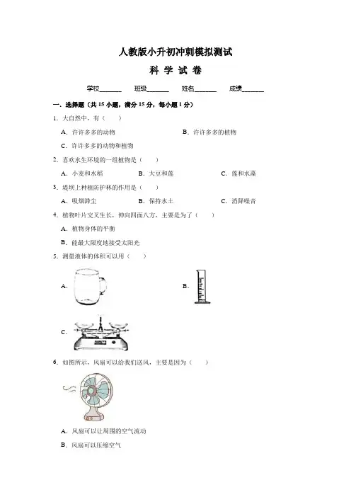 人教版小升初科学模拟卷(含答案)