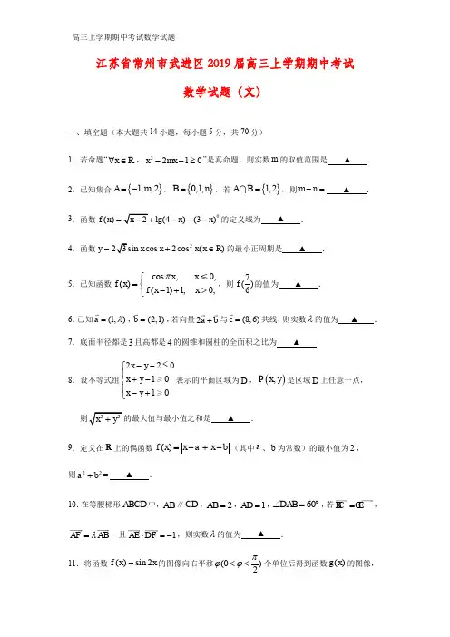 江苏省常州市武进区2019届高三上学期期中考试数学试题(文)