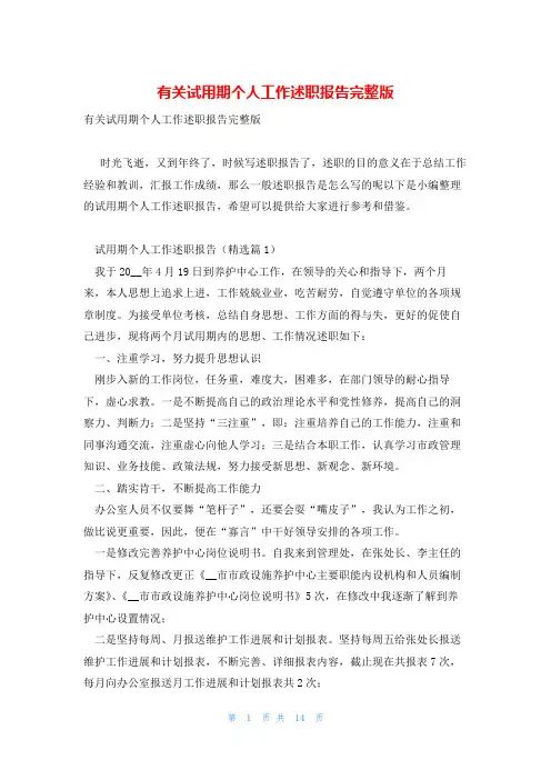 有关试用期个人工作述职报告完整版
