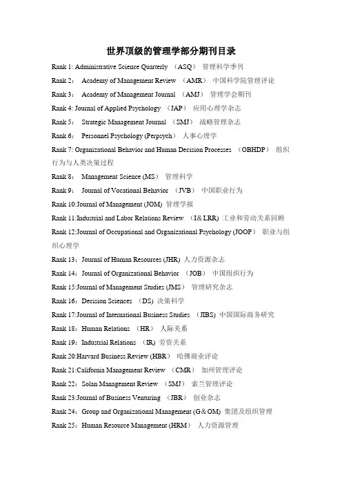世界顶级的管理学期刊排名