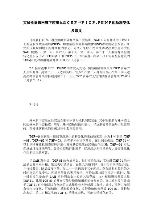 实验性鼠蛛网膜下腔出血后CSF中PICP、PⅢNP的动态变化及意义