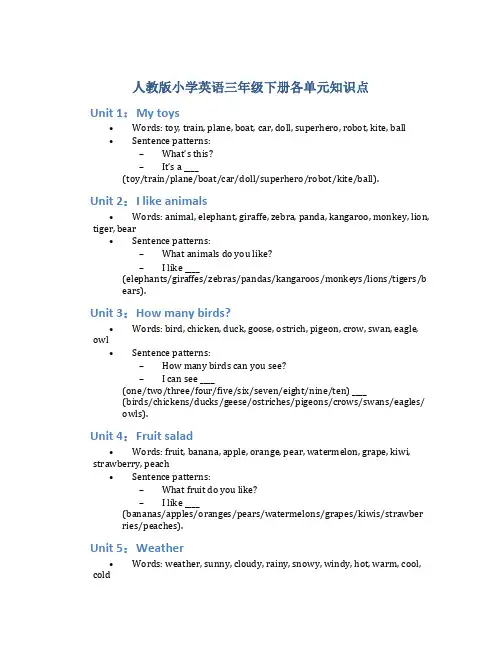 人教版小学英语三年级下册各单元知识点