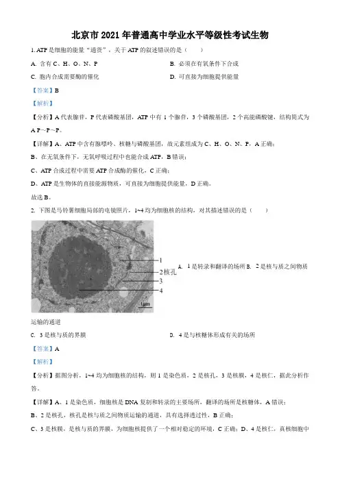 北京市2021年普通高中学业水平等级性考试生物试题(解析版)-精校