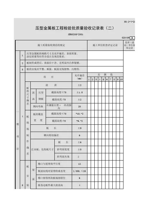 压型金属板工程检验批质量验收记录表(二)