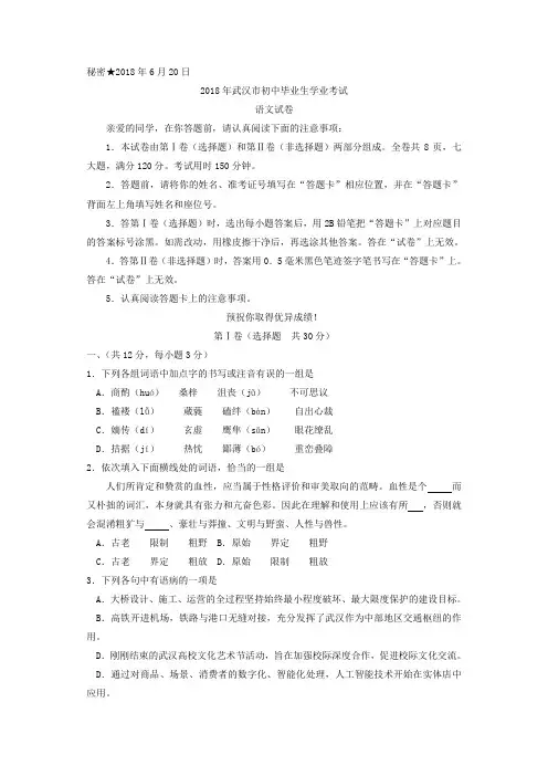 2018年武汉市初中毕业生学业考试语文试题