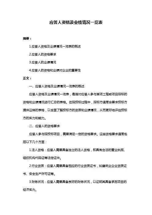 应答人资格及业绩情况一览表