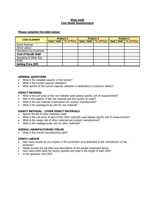 Supplier Audit Questionnaire 供应商审核文件