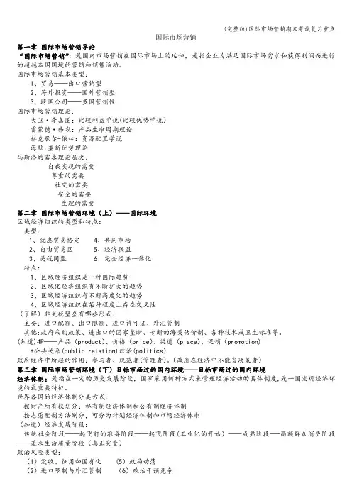 (完整版)国际市场营销期末考试复习重点