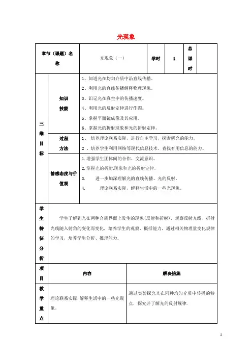 中考物理光现象一复习教案