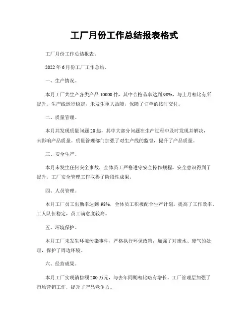 工厂月份工作总结报表格式