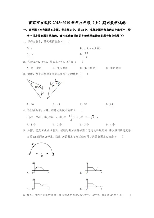 江苏省南京市玄武区2018-2019学年度八年级(上)期末数学试卷  (解析版)