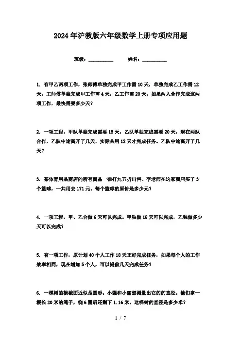 2024年沪教版六年级数学上册专项应用题