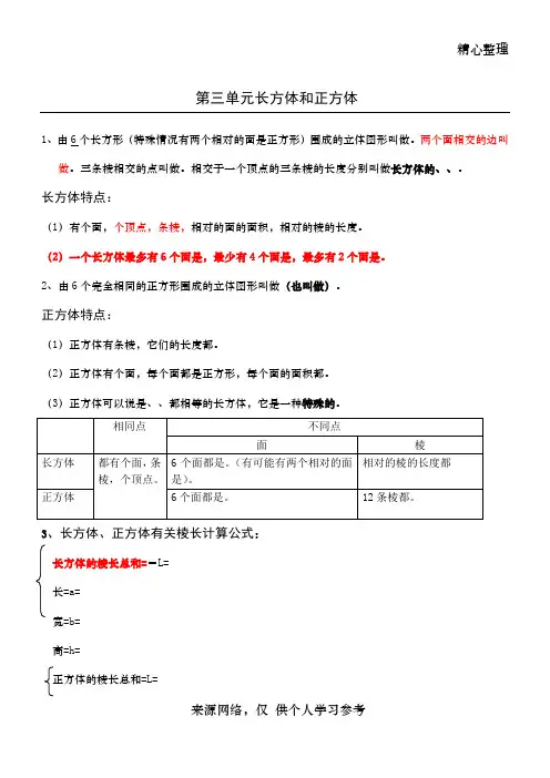 五年级数学长方体与正方体知识点总结