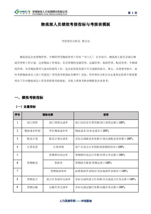物流部人员绩效考核指标与考核表模板