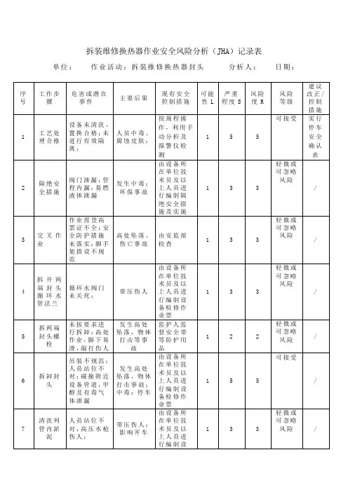 3拆装维修换热器作业安全风险分析记录表