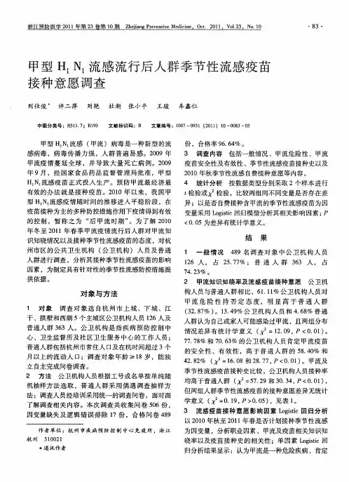 甲型H_1N_1流感流行后人群季节性流感疫苗接种意愿调查