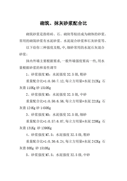 砌筑抹面砂浆配合比